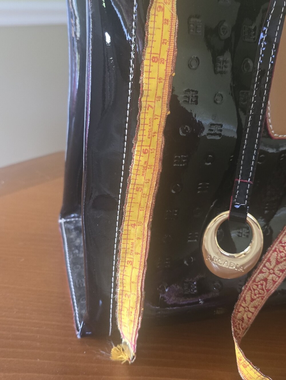 Leather - Italian Patent Tote Bag w/Tan Red Accents, Double Strap, Structured - Picture 11 of 12